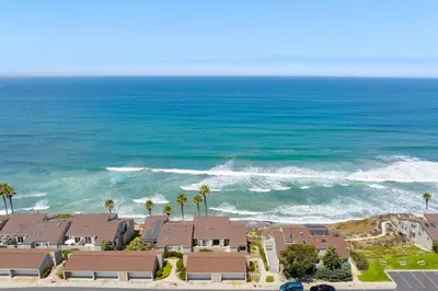 an aerial view of the ocean with houses and palm trees at Picturesque Perfection in Leucadia in Encinitas