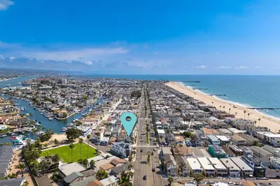 an aerial view of a city and the beach at Perfect Surf Casa in Newport Near Beach and Pier in Newport Beach