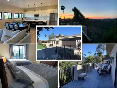a collage of photos of a house with a bed and a house at New Constructed Home in Poway in Poway