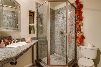 a bathroom with a shower and a toilet and a sink at PACIFIC BEACH ESTATE water view in San Diego