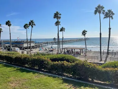 a view of a beach with palm trees and the ocean at Walk to Beach - KING Apt In #1 Area - AC in San Clemente