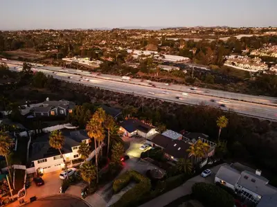 an overhead view of a city with a highway at Leucadia Beach House - 4 Mins to Moonlight! in Encinitas