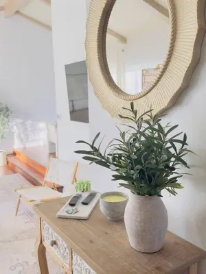 a table with a mirror and a potted plant on it at Del Mar Coastal Haven in San Diego