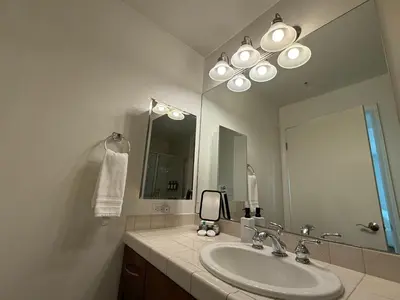 a bathroom with a sink and a large mirror at San Diego Skyline in San Diego
