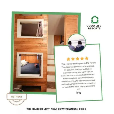 a flyer with a picture of a small bedroom at Bamboo Loft 6BR, 24 guests in San Diego