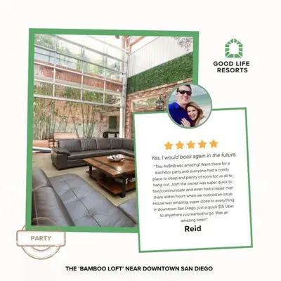 a flyer for a greenhouse with a picture of a couple at Bamboo Loft 6BR, 24 guests in San Diego