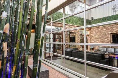 a living room with a black couch in a building at Bamboo Loft 6BR, 24 guests in San Diego