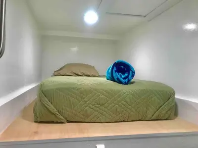 a bedroom with a green bed in a room at Historic 1910 House near downtown in San Diego