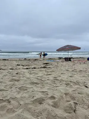 two people standing on a beach with an umbrella at South Mission Oceanview Beach Duplex in San Diego