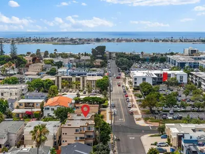 an aerial view of a city with the ocean at Townhouse 1 Block From Bay With Yard & Parking in San Diego