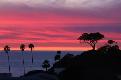 a sunset over the ocean with palm trees on a hill at Coastal Soul - ENC656N in Encinitas