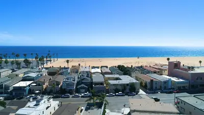 an aerial view of a beach with houses and condos at Balboa Peninsula Beach House Fireplace Bikes in Newport Beach