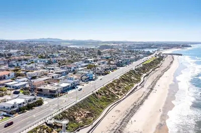 an aerial view of a beach and a highway at Beachfront Home In Carlsbad - Remodeled in Carlsbad