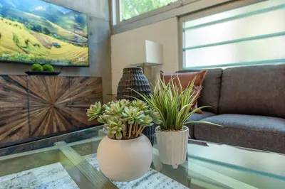 a living room with two vases with plants on a glass table at King Size Luxury Loft Petco-Park-Downtown SD in San Diego