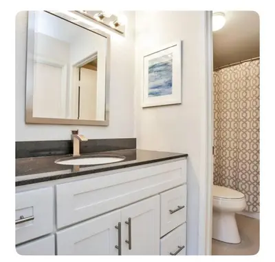 a bathroom with a sink and a mirror and a toilet at Ritz Pointe dr in Dana Point