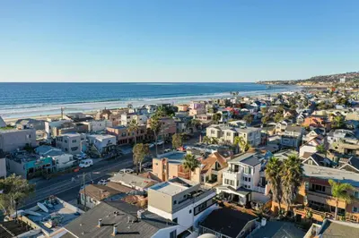 an aerial view of a city and the beach at Ocean View Luxury Beach Homes With AC and Parking in San Diego