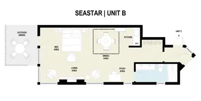 a floor plan of a small apartment with furniture at 1317 S Pacific Unit B in Oceanside