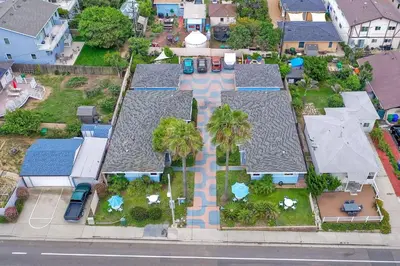 an aerial view of a house with many roofs at 167 Tamarack in Carlsbad