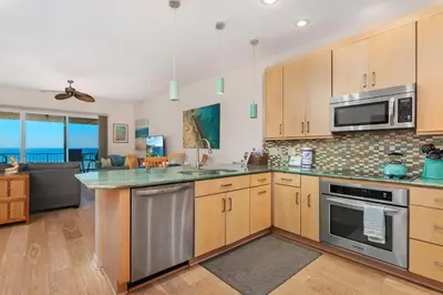 a kitchen with wooden cabinets and stainless steel appliances at Coastal Heights - DMBC857C in Solana Beach