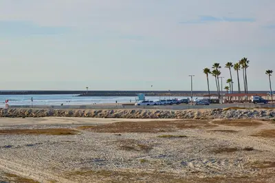 a sandy beach with palm trees and the ocean at Oceanside Beach Condos in Oceanside