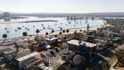 an aerial view of a city with boats in the water at Central Location Villa - 2 blocks Mission Beach in San Diego