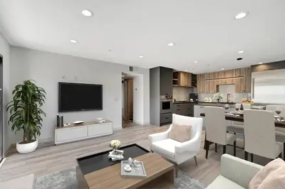 a living room with a dining room and a kitchen at Steps to the Beach in Imperial Beach