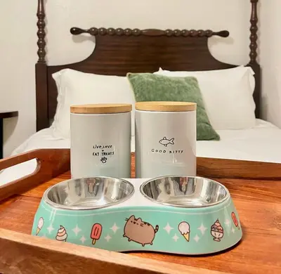 two feeding bowls on a table with a bed at Colorful Casita Frida 1BD Retreat by Balboa Park in San Diego