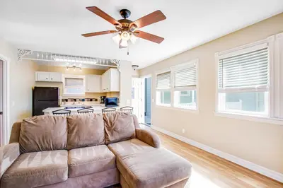 a living room with a couch and a ceiling fan at F-76 Terramar Cliffs in Carlsbad