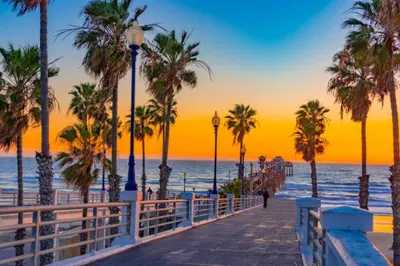 a beach with palm trees and the ocean at sunset at Walk to the Beach Luxury Roof Deck Sunset View in Oceanside