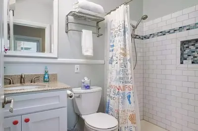 a bathroom with a toilet and a shower curtain at Steps to Newport Harbor Balboa Fun Zone Dock Access Edgewater Studios in Newport Beach