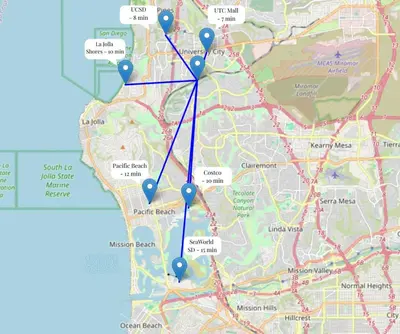 a map with blue dots on it at NEW 2BR, 1BA, Outdoor Fireplace, Patio Lounge, Western Vibes, Smart TVs, Ambient Lighting in San Diego