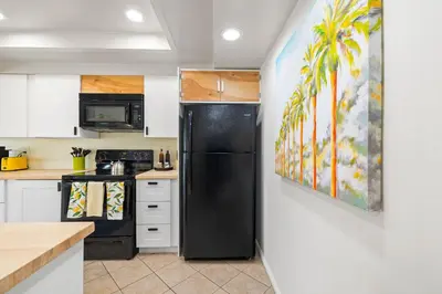 a black refrigerator in a kitchen with a painting on the wall at Charming Coastal Retreat in Solana Beach in Solana Beach