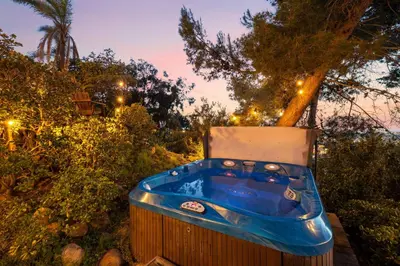 a hot tub in a backyard with a tree at The SeaBarn Vista Views, Hot Tub and Stargazing in San Diego