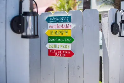 a sign on a fence with different signs on it at #763 Steps from the Sand -2b2b Laundry Parking AC in San Diego