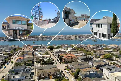 a collage of photos of houses and a city at Balboa Island Cottage Air Conditioning Ferry Close in Newport Beach
