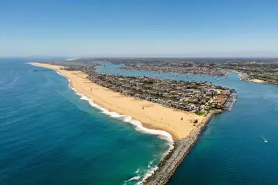 an aerial view of a beach and the ocean at Balboa Island Cottage Air Conditioning Ferry Close in Newport Beach