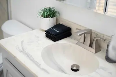 a white bathroom sink with a black purse and a plant at Chic Retreat Ping Pong, Bonfires and Patio Leisure in San Diego