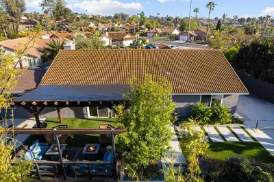 an aerial view of a house with an orange roof at Modern Oceanside Stay with Yard & Laidback Vibes in Oceanside