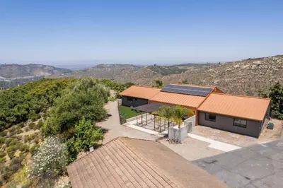 an overhead view of a house with a solar roof at Luxury Mountain Estate Sleeps 11 in Valley Center