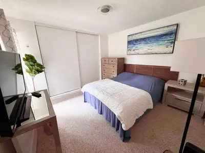 a bedroom with a bed and a desk and a television at Amazing House in La Jolla, CA in San Diego