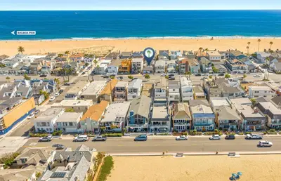 an aerial view of a town next to the beach at Luxury 6Br Triplex In Prime Location One House From Sand By Beachview Rentals in Newport Beach