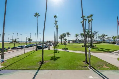 a park with palm trees and a parking lot with cars at 6Br Oceanfront Duplex, Ac, Steps To Beach And Balboa Pier By Beachview Rentals in Newport Beach