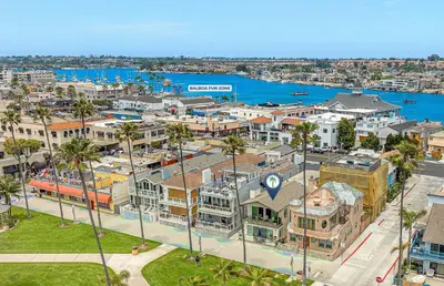 an aerial view of a city with a harbor at 6Br Oceanfront Duplex, Ac, Steps To Beach And Balboa Pier By Beachview Rentals in Newport Beach