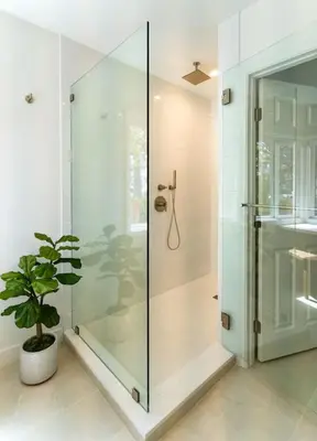 a glass shower in a bathroom with a potted plant at Stunning 3BR Capo Beach Home with Ocean Views in Dana Point