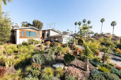 a house with palm trees and plants at San Diego Staycation Home with Hot Tub Ocean Views in Encinitas