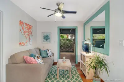 a living room with a couch and a ceiling fan at Old Town 1BR Short Drive to Downtown and Beaches 4.5 in San Diego