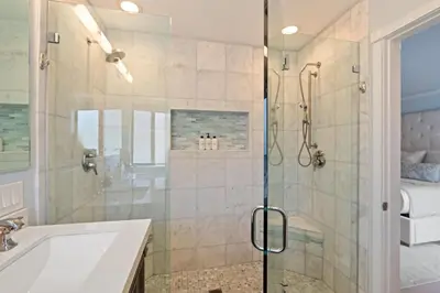a bathroom with a shower and a sink at Carlsbad's Hidden Escape in Carlsbad