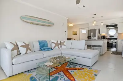 a living room with a couch and a table at Luxury Oceanfront steps to Beach & Town, Best views! in Oceanside
