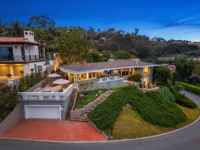 an aerial view of a house at La Jolla Hilltop Haven with Ocean Views and Spa in San Diego