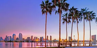 a city skyline with palm trees in the foreground at The Daisy Bright 2BR Stay in Downtown San Diego in San Diego